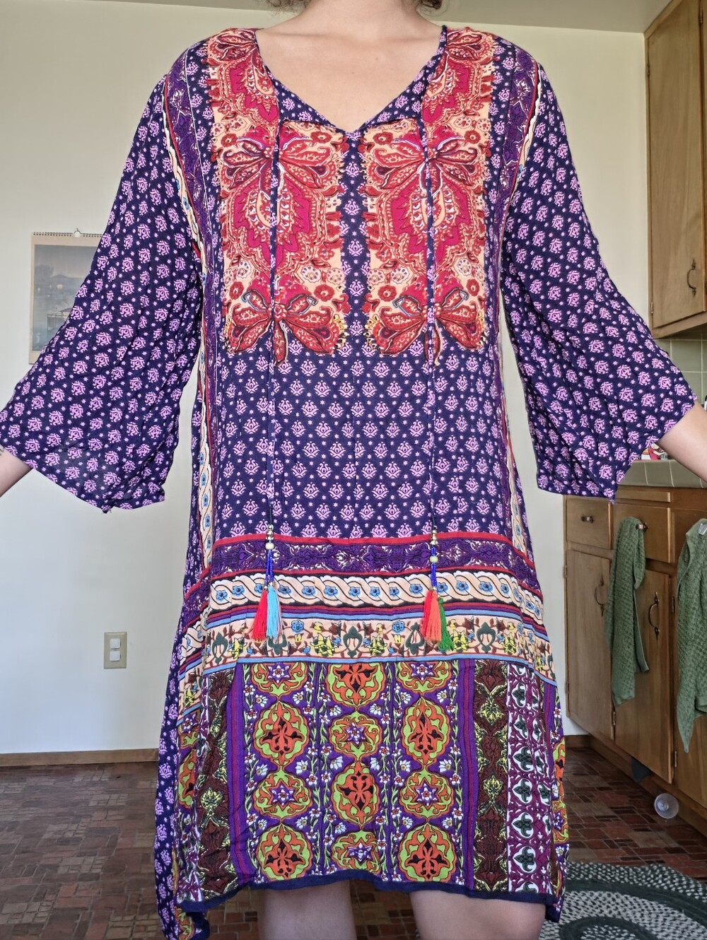 Bohemian Purple Printed V-Neck Tunic Dress with Tassels
